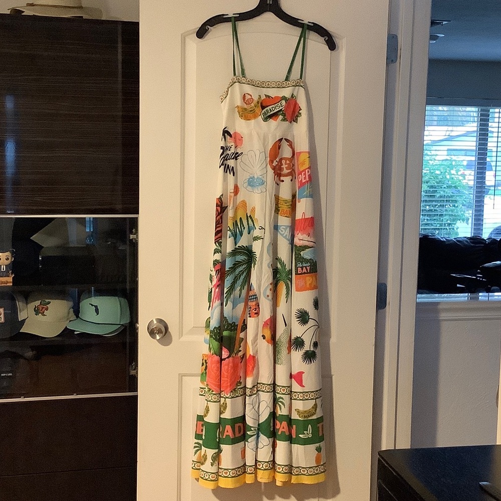 Amazon White Maxi Dress with Green Straps and Multicolor Tropical Print